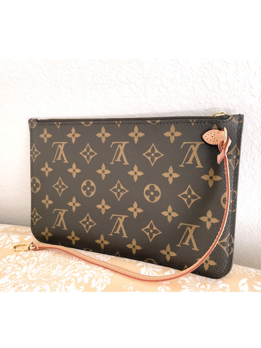 Louis Vuitton LV Brown Canvas Leather Monogram Neverfull Pouch